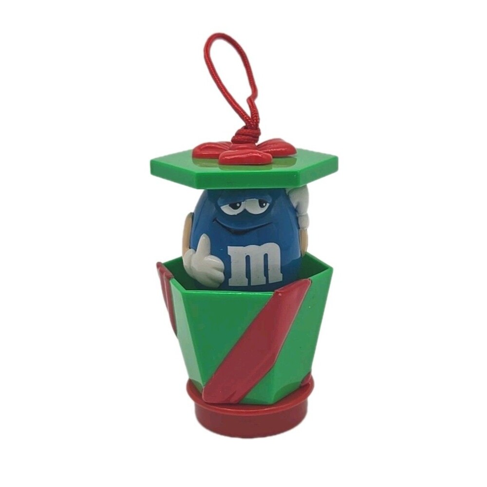 Vintage Pop Up! Blue M&M Christmas Tree Ornament Green Present Collectible Works
